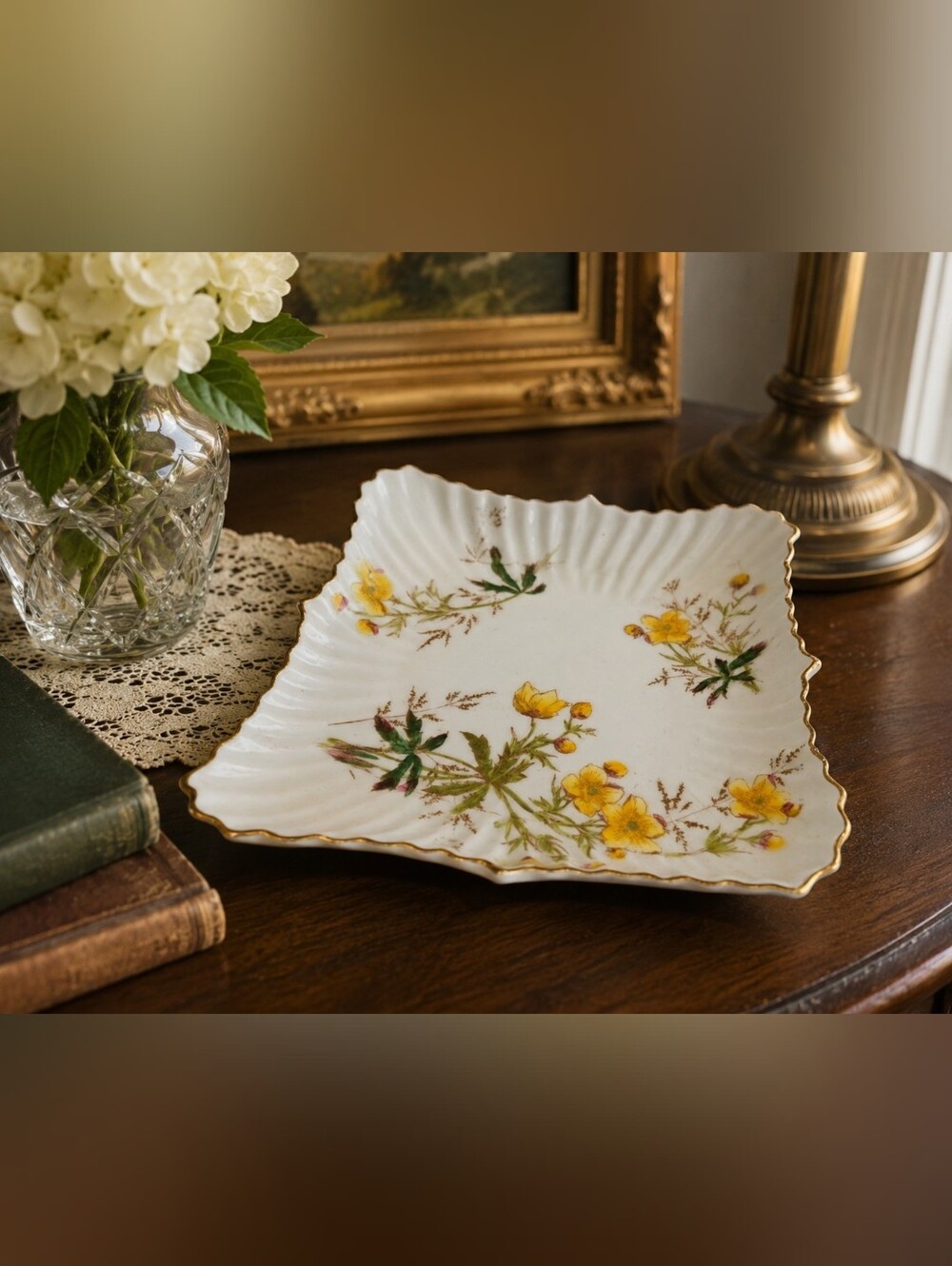 Vintage Antique Heinrich & Co German Porcelain Square Dish w/ Floral Decoration